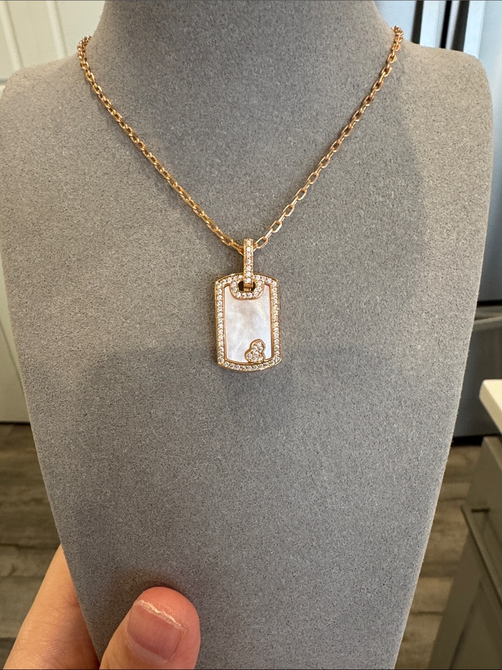 Wulu Style Dog Tag Necklace Champagne Gold Pearl Glow CZ